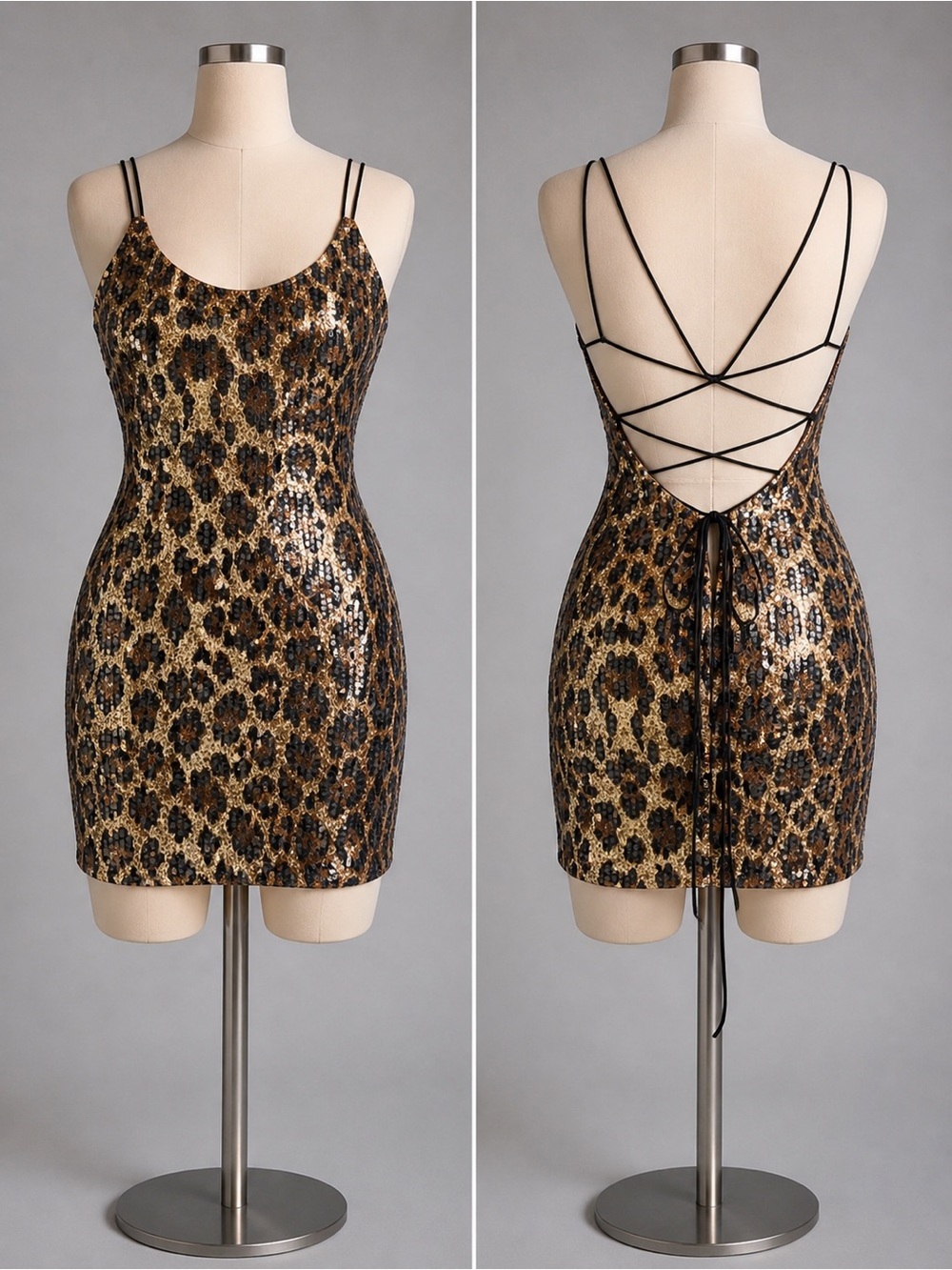 SHEIN Gold and Black Sequin Leopard Lace-Up Back Mini Dress